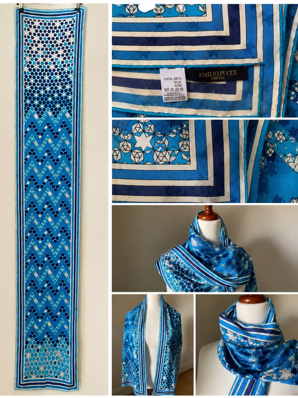 Emilio Pucci Firenze 100% Silk Long Blue Geometric Scarf Made in Italy
